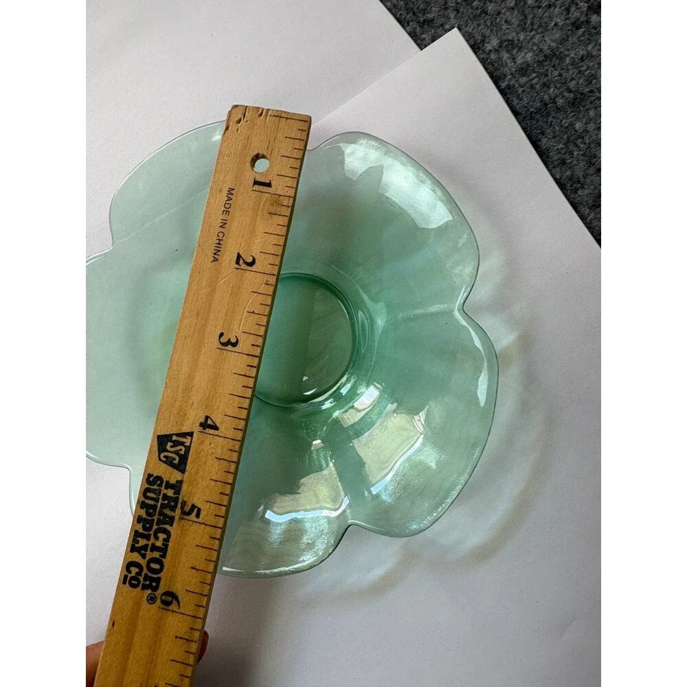 Vintage Green Glass Flower Trinket Jewelry Candle Holder Dish 5.5 